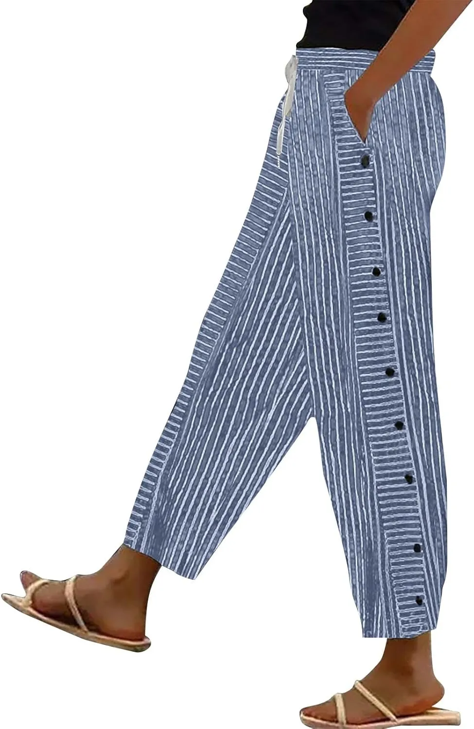 Beach Pants for Women Linen Summer Striped Plus Size High Waisted Trousers Tummy Control Comfy Pants with Pockets