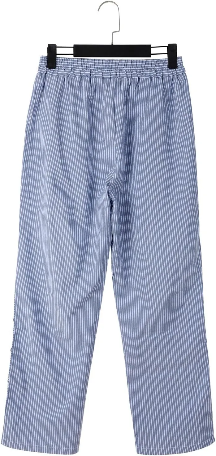 Beach Pants for Women Linen Summer Striped Plus Size High Waisted Trousers Tummy Control Comfy Pants with Pockets