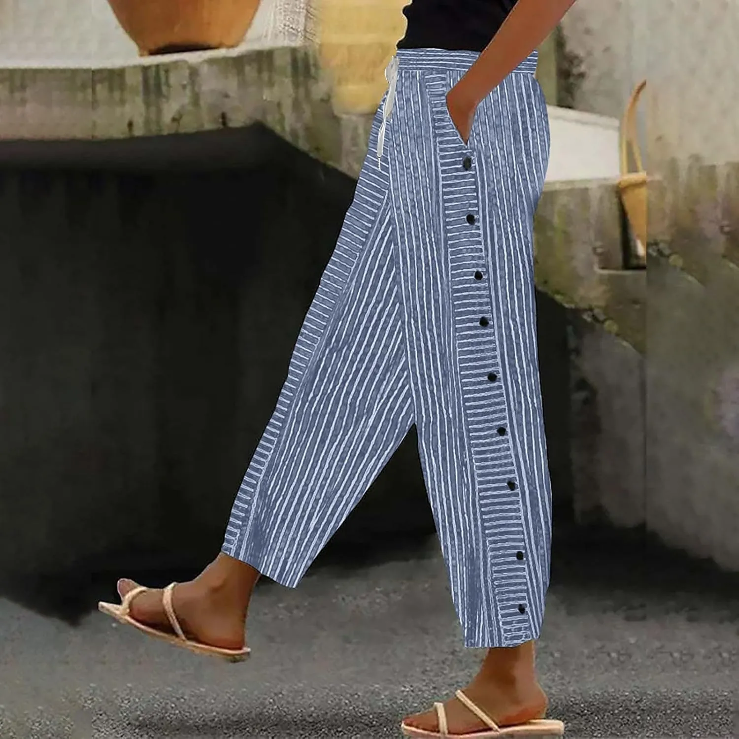 Beach Pants for Women Linen Summer Striped Plus Size High Waisted Trousers Tummy Control Comfy Pants with Pockets