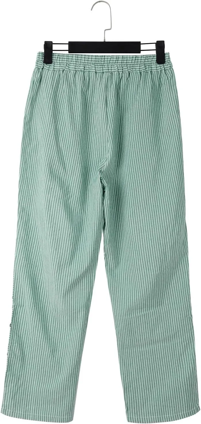 Beach Pants for Women Linen Summer Striped Plus Size High Waisted Trousers Tummy Control Comfy Pants with Pockets