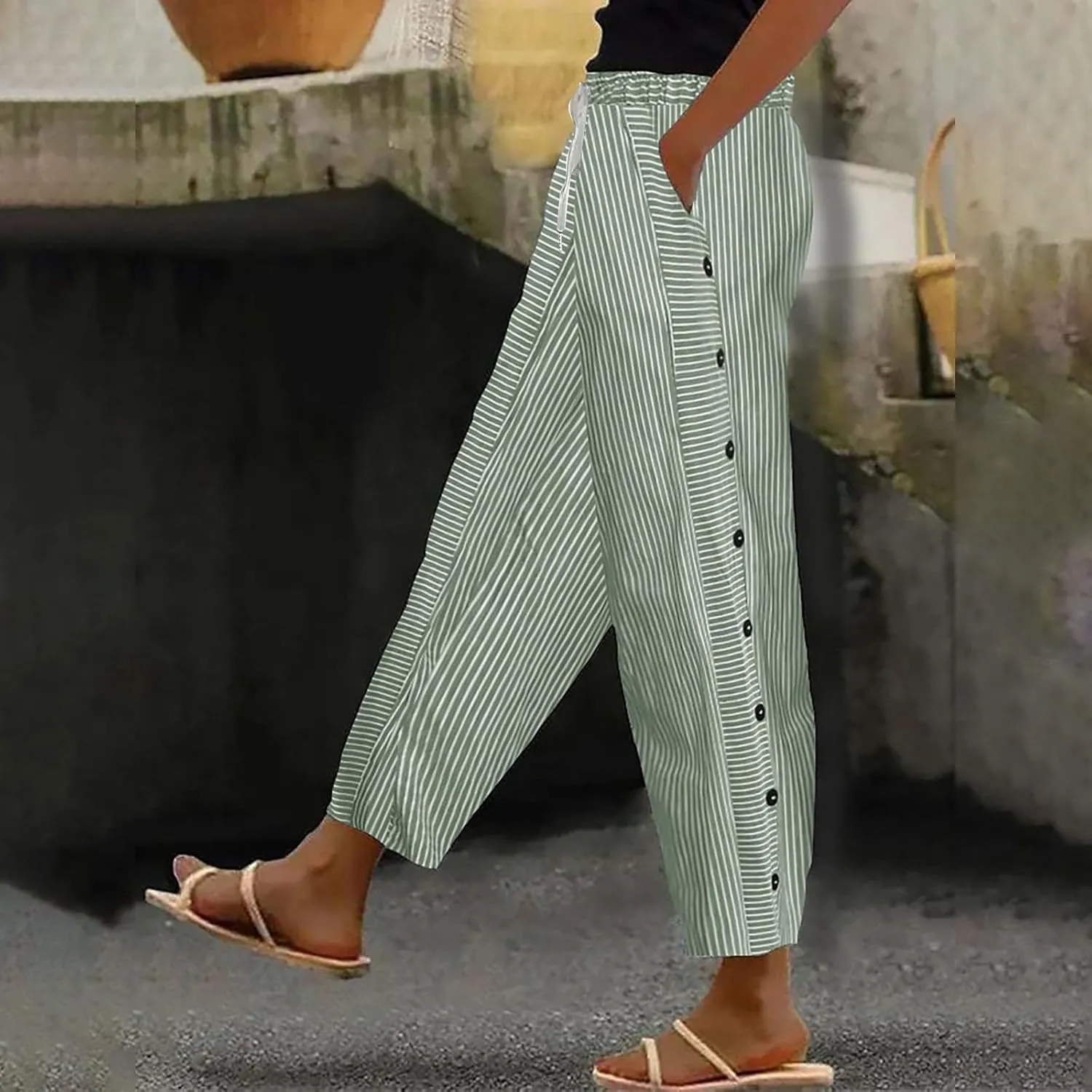 Beach Pants for Women Linen Summer Striped Plus Size High Waisted Trousers Tummy Control Comfy Pants with Pockets