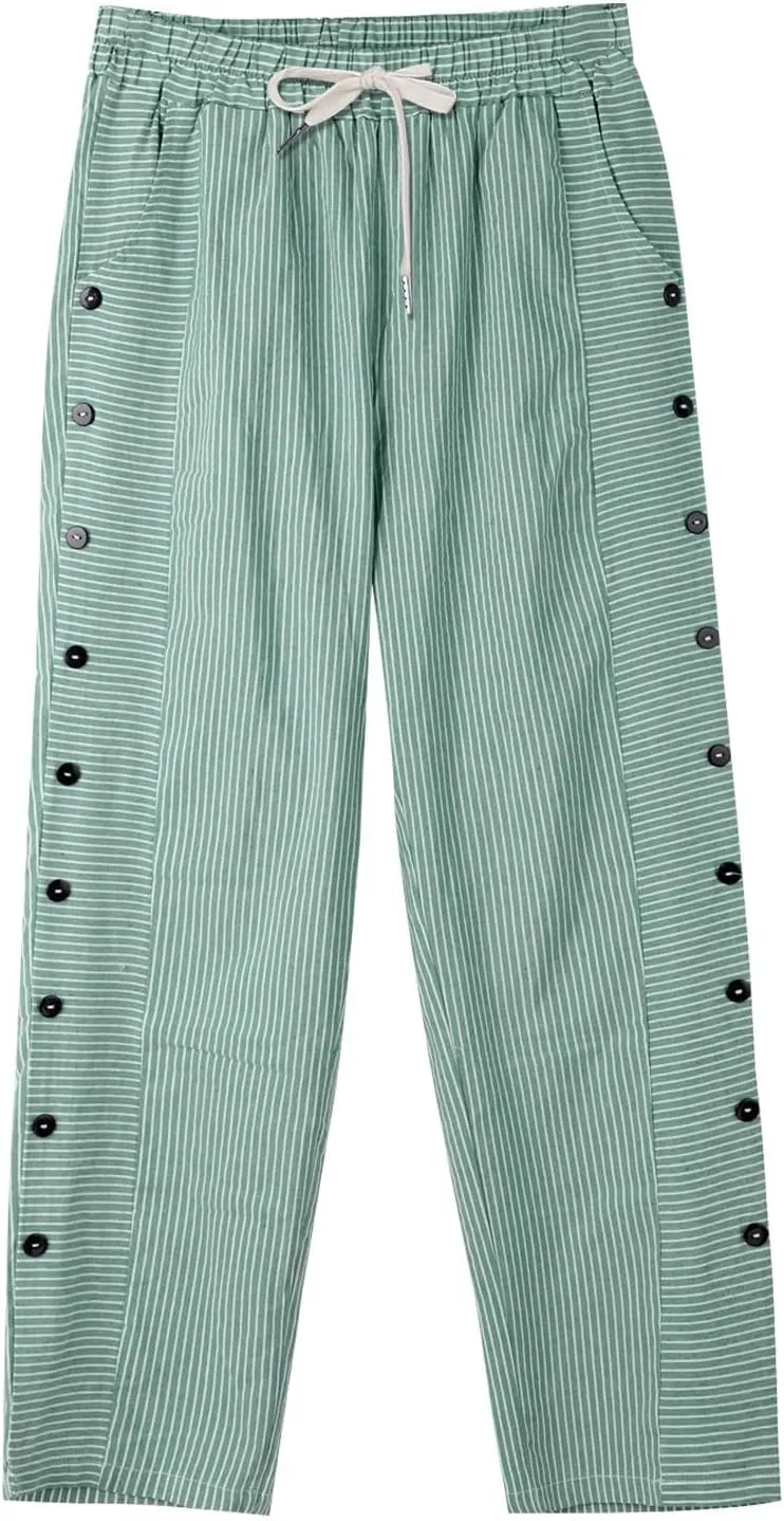 Beach Pants for Women Linen Summer Striped Plus Size High Waisted Trousers Tummy Control Comfy Pants with Pockets