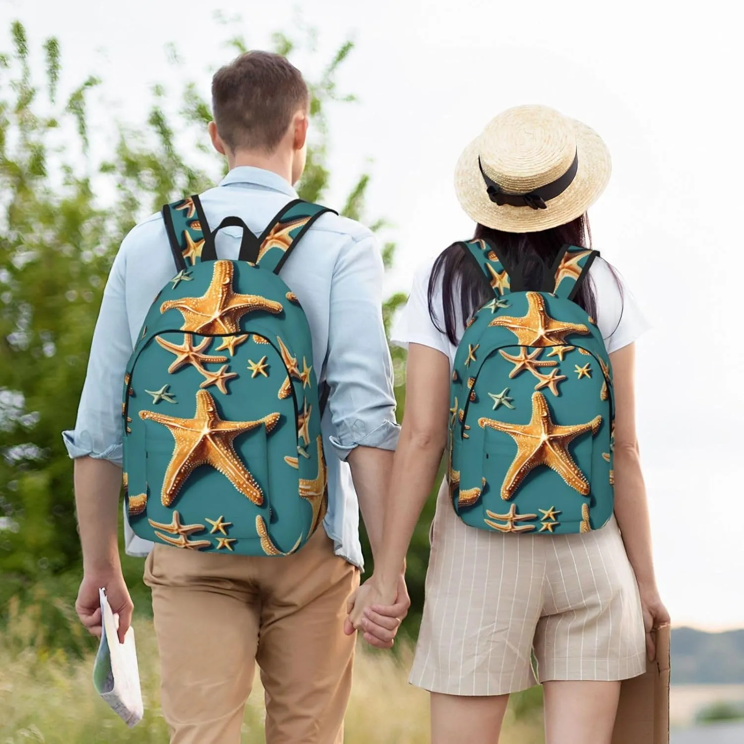 Beach Starfish Print Laptop Backpack For Women Travel Canvas Bookbag For Men Outdoor Fashion Casual Daypack, Medium, SB-122