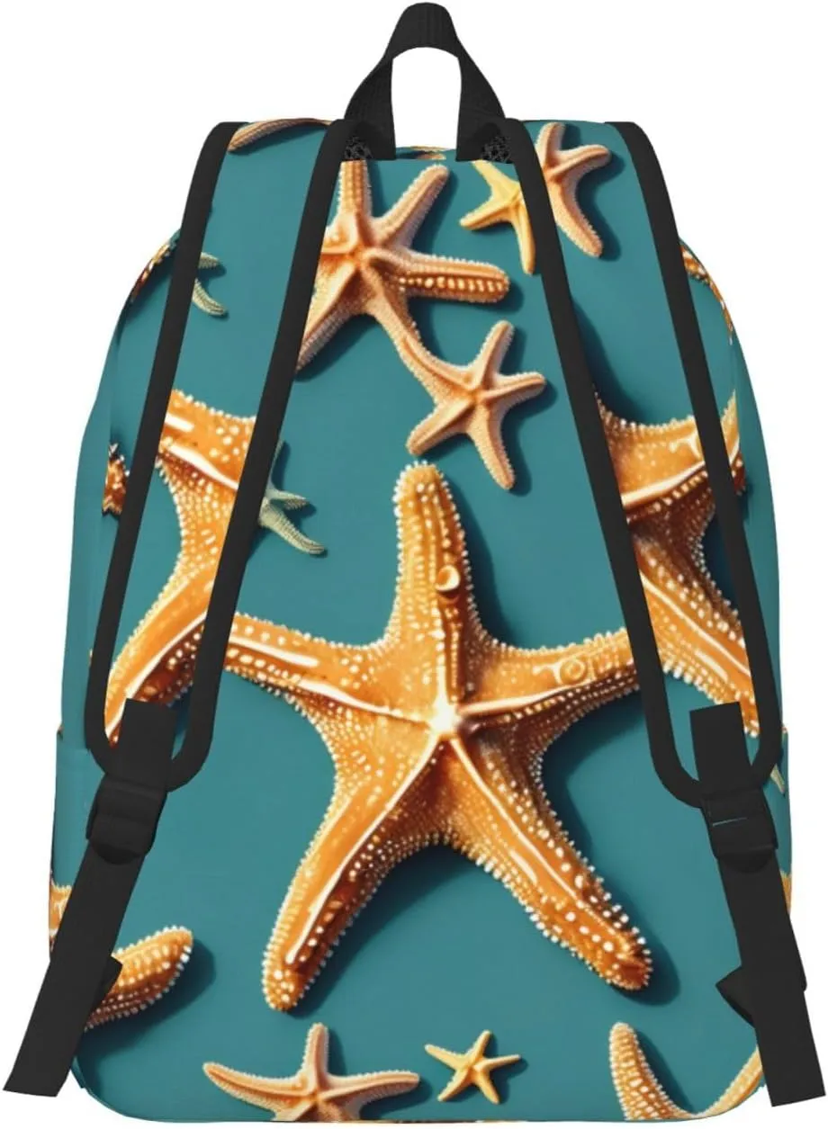 Beach Starfish Print Laptop Backpack For Women Travel Canvas Bookbag For Men Outdoor Fashion Casual Daypack, Medium, SB-122