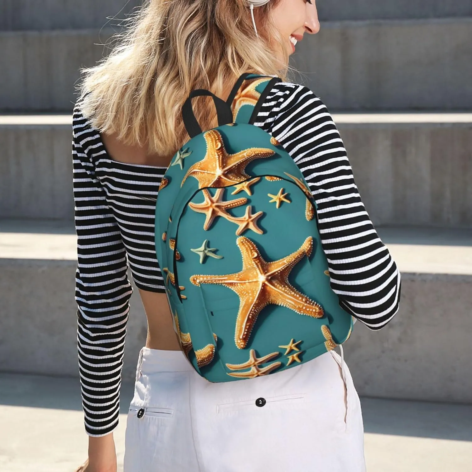 Beach Starfish Print Laptop Backpack For Women Travel Canvas Bookbag For Men Outdoor Fashion Casual Daypack, Medium, SB-122