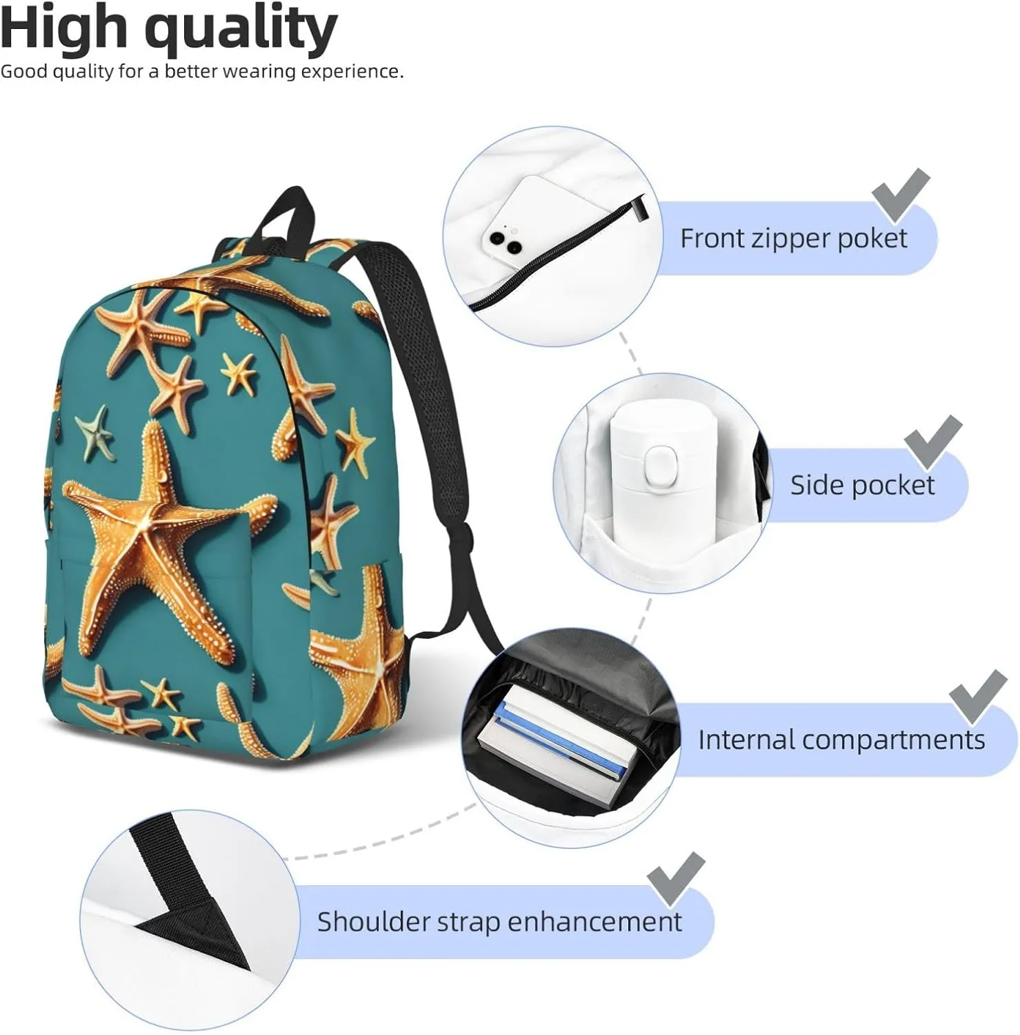 Beach Starfish Print Laptop Backpack For Women Travel Canvas Bookbag For Men Outdoor Fashion Casual Daypack, Medium, SB-122