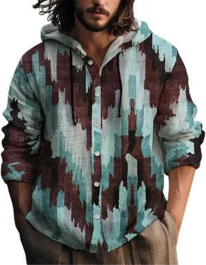 Beach Vacation Fall Tops Men's Button Up Long Sleeved Solid Cotton and Linen Hooded Shirt Linen Shirts for Men