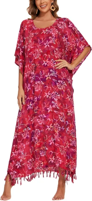 Beautybatik Moss Green Women Hand Blocked Batik Rayon Caftan Kaftan Loungewear Maxi Plus Size Long Dress XL to 4X