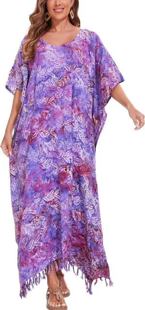 Beautybatik Moss Green Women Hand Blocked Batik Rayon Caftan Kaftan Loungewear Maxi Plus Size Long Dress XL to 4X