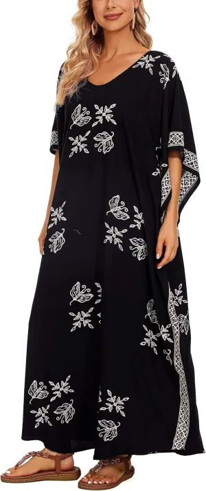 Beautybatik Women Hand Blocked Batik Rayon Caftan Kaftan Loungewear Maxi Plus Size Long Dress XL to 4X