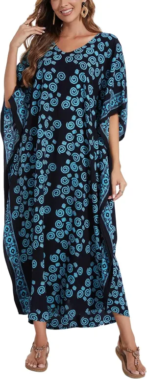 Beautybatik Women Hand Blocked Batik Rayon Caftan Kaftan Loungewear Maxi Plus Size Long Dress XL to 4X