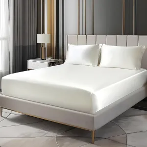 BEDELITE Satin Fitted Sheet and Pillowcases Set, Soft Similar to Silk Bottom Bed Sheet with Elastic Corner Straps, Deep Pocket up to 15 Inch, 1 Fitted Sheet and 2 Pillowcases(Cal King, Ivory White)