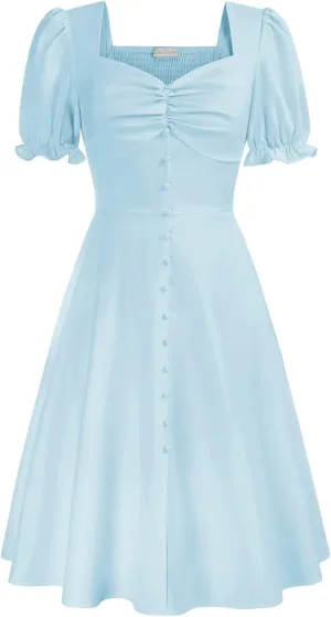 Belle Poque Women 2024 Summer Puff Short Sleeve Cottagecore Dress Vintage 1950s Party Swing Dresses