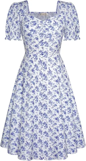 Belle Poque Women 2024 Summer Puff Short Sleeve Cottagecore Dress Vintage 1950s Party Swing Dresses