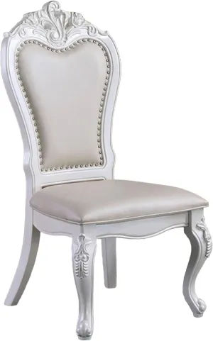 Benzara Zenie Dining Side Chair Set of 2, Carved Cabriole, Faux Leather, White Wood