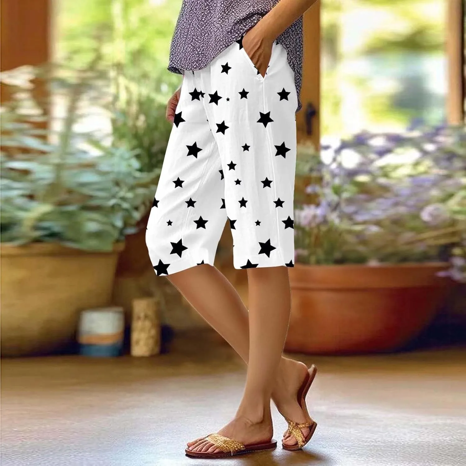 Bermuda Shorts for Women Knee Length Summer Linen Shorts Lightweight Loose Casual Mid Thigh Short Pants with Pockets
