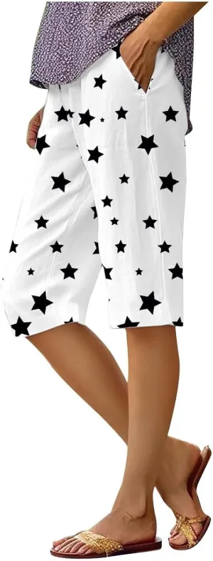 Bermuda Shorts for Women Knee Length Summer Linen Shorts Lightweight Loose Casual Mid Thigh Short Pants with Pockets