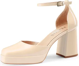Black Platform Heels Chunky High Heel Patent Leather Pumps Closed Square Toe Block Heels with Ankle Strap for Women Ladies Sexy