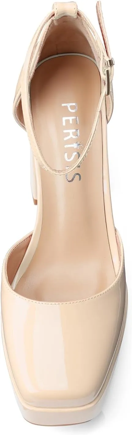 Black Platform Heels Chunky High Heel Patent Leather Pumps Closed Square Toe Block Heels with Ankle Strap for Women Ladies Sexy