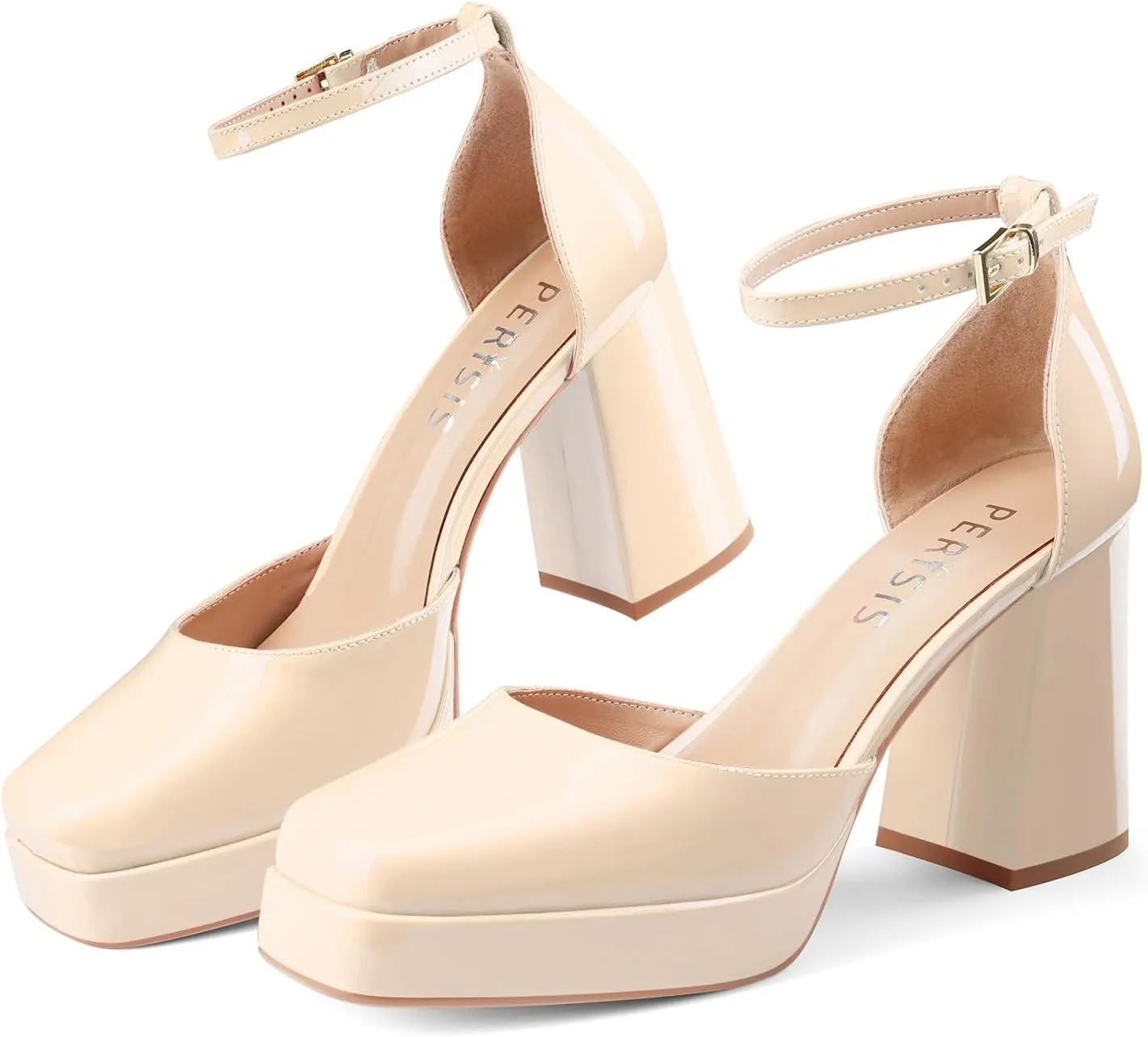Black Platform Heels Chunky High Heel Patent Leather Pumps Closed Square Toe Block Heels with Ankle Strap for Women Ladies Sexy