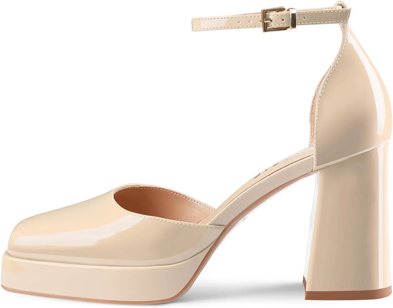 Black Platform Heels Chunky High Heel Patent Leather Pumps Closed Square Toe Block Heels with Ankle Strap for Women Ladies Sexy
