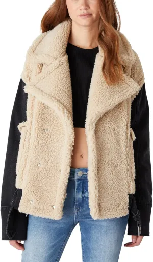 [BLANKNYC] Womens Oversized Faux Sherpa Jacket With Denim Sleeves