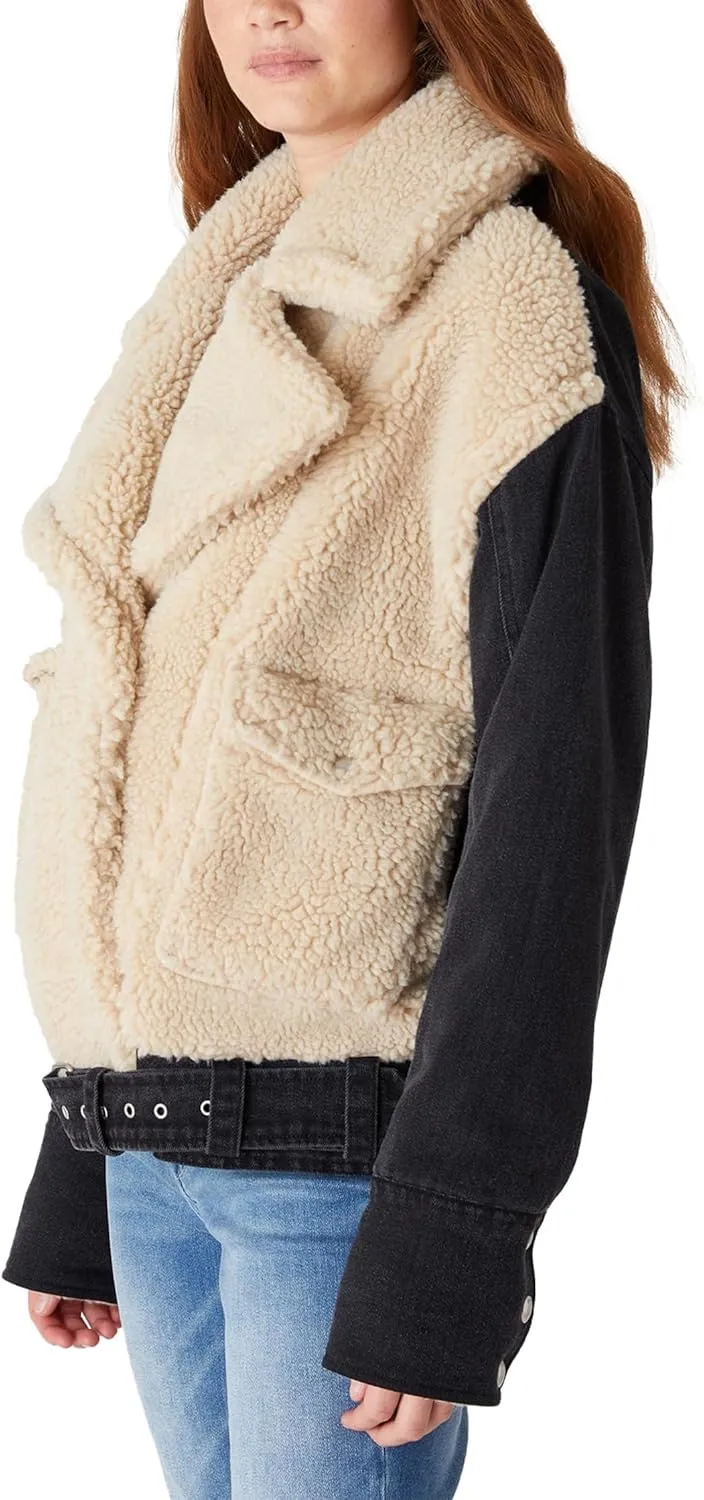 [BLANKNYC] Womens Oversized Faux Sherpa Jacket With Denim Sleeves