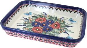 Blue Rose Polish Pottery Floral Butterfly Small Rectangular Baker