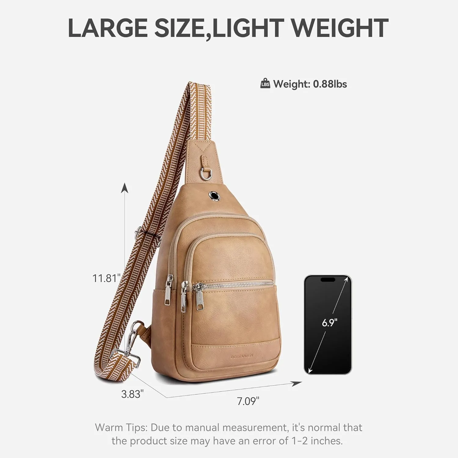 BOSTANTEN 7L Sling Bag For Women CrossBody Bags Large Cross Body Purse Vegan Leather Sling Backpack for Travel Essentials