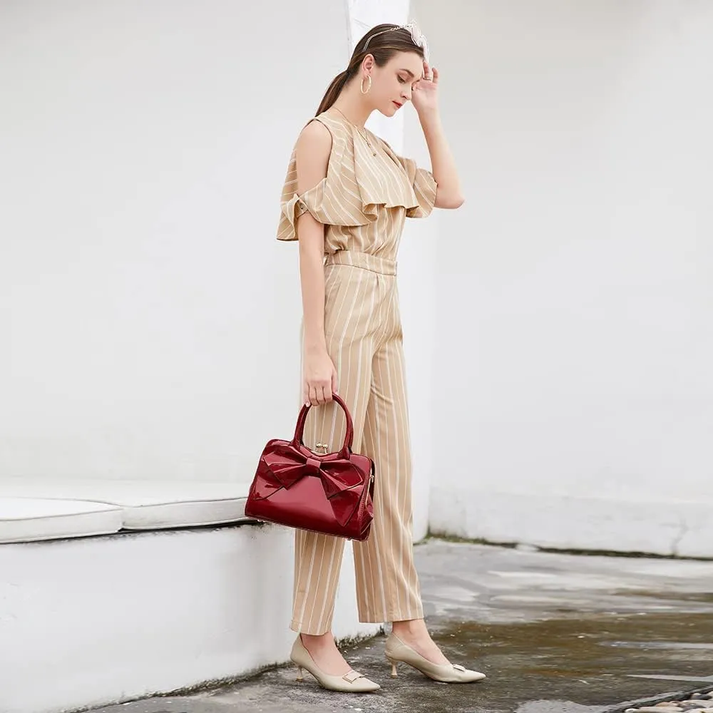 BOW FRAME SATCHEL WITH DETACHABLE SHOULDER STRAP PATENT LEATHER