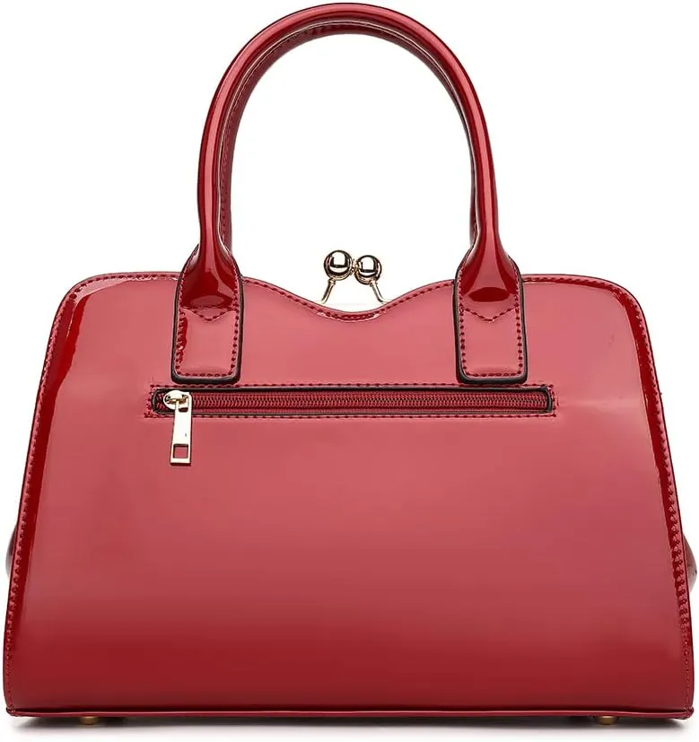 BOW FRAME SATCHEL WITH DETACHABLE SHOULDER STRAP PATENT LEATHER
