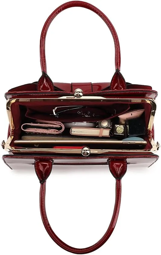 BOW FRAME SATCHEL WITH DETACHABLE SHOULDER STRAP PATENT LEATHER