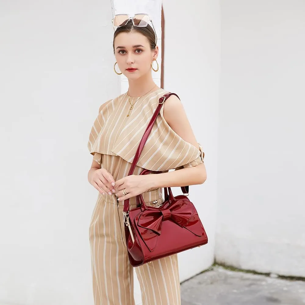 BOW FRAME SATCHEL WITH DETACHABLE SHOULDER STRAP PATENT LEATHER