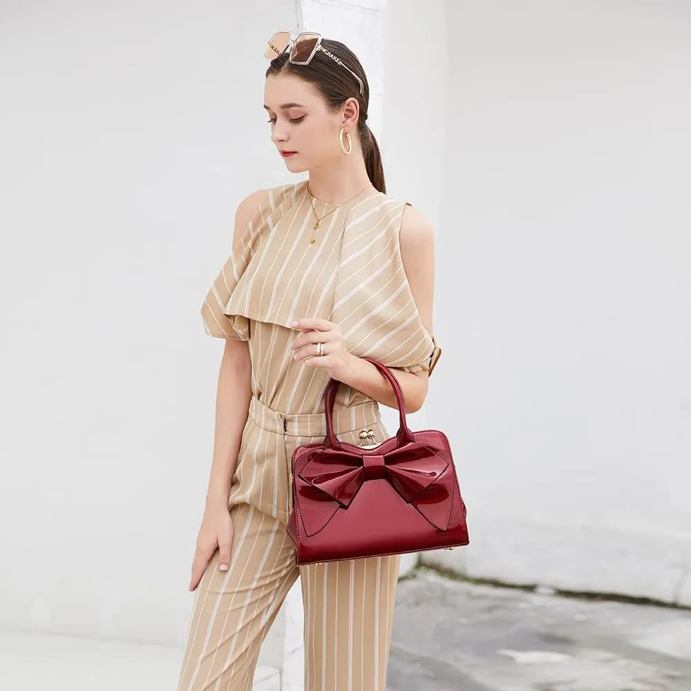 BOW FRAME SATCHEL WITH DETACHABLE SHOULDER STRAP PATENT LEATHER