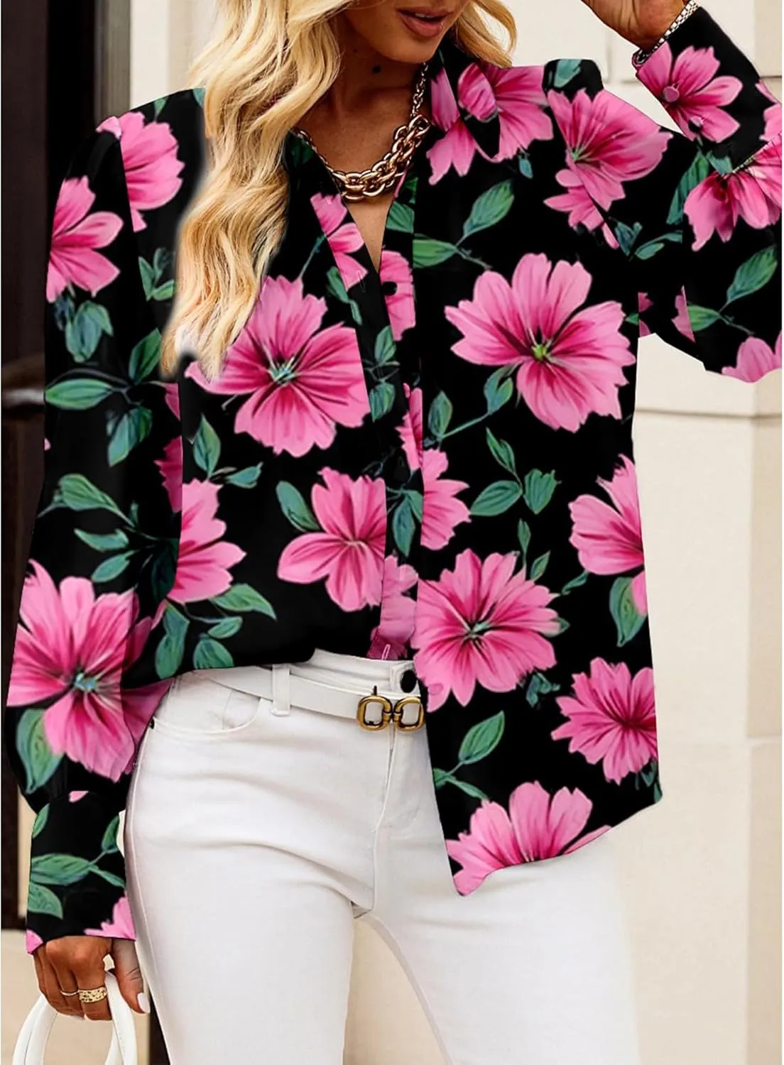 BTFBM Women Fashion Button Down Shirts V Neck Printed Solid Boho Long Sleeve Blouses Dressy Casual Summer Spring Tops