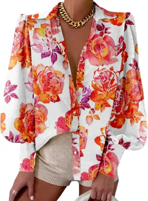 BTFBM Women Fashion Button Down Shirts V Neck Printed Solid Boho Long Sleeve Blouses Dressy Casual Summer Spring Tops