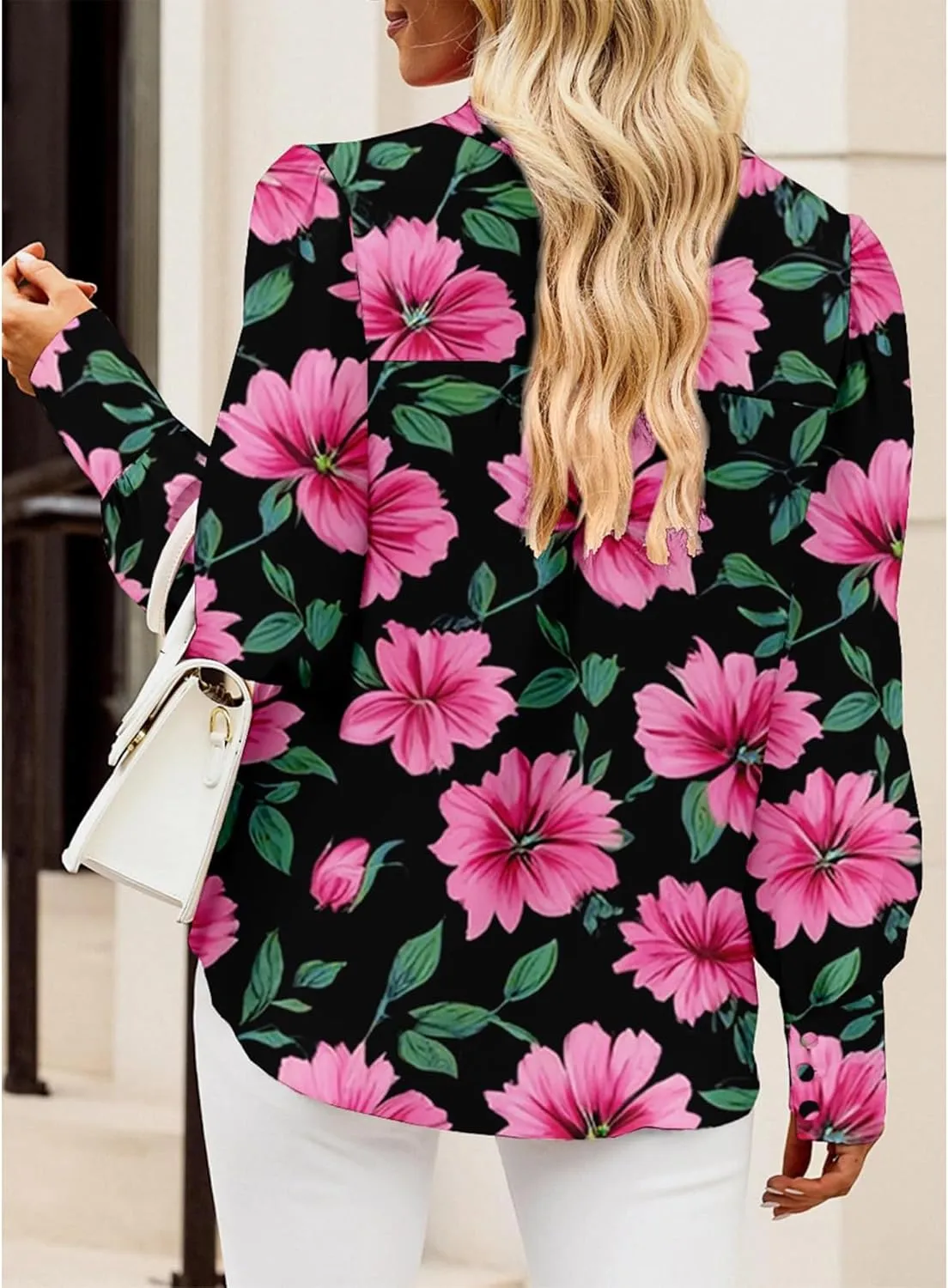 BTFBM Women Fashion Button Down Shirts V Neck Printed Solid Boho Long Sleeve Blouses Dressy Casual Summer Spring Tops