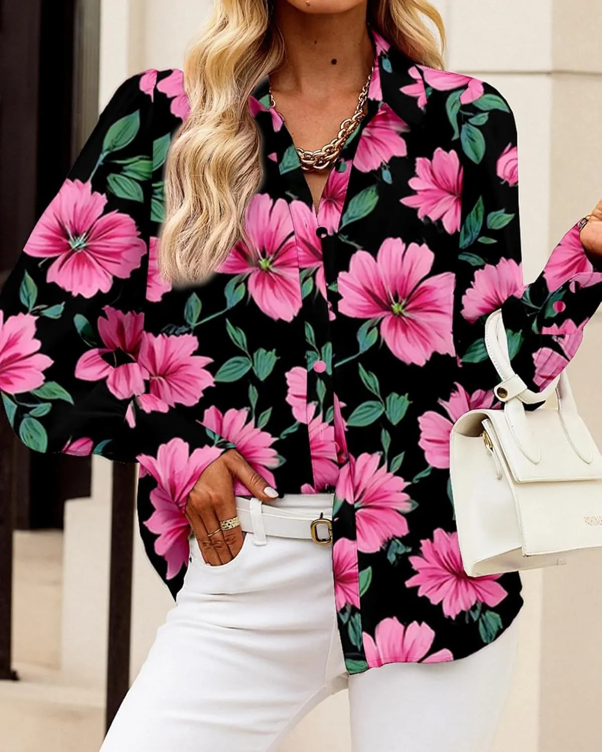 BTFBM Women Fashion Button Down Shirts V Neck Printed Solid Boho Long Sleeve Blouses Dressy Casual Summer Spring Tops