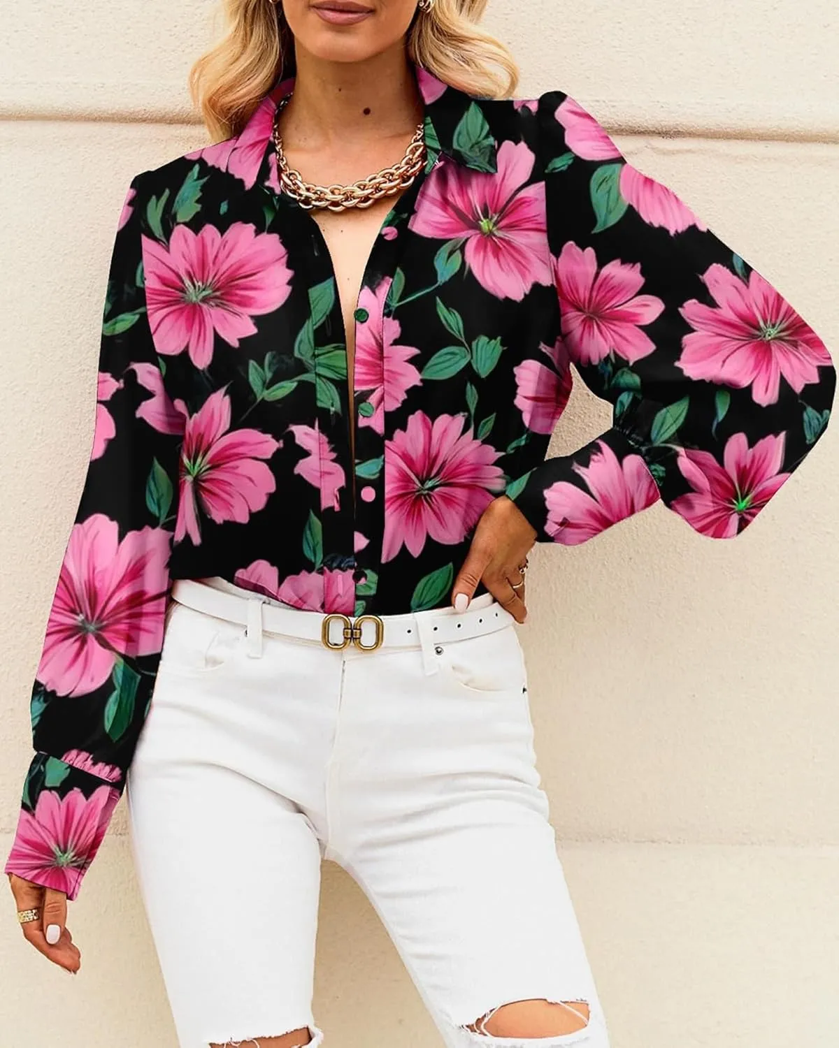 BTFBM Women Fashion Button Down Shirts V Neck Printed Solid Boho Long Sleeve Blouses Dressy Casual Summer Spring Tops