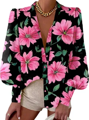 BTFBM Women Fashion Button Down Shirts V Neck Printed Solid Boho Long Sleeve Blouses Dressy Casual Summer Spring Tops