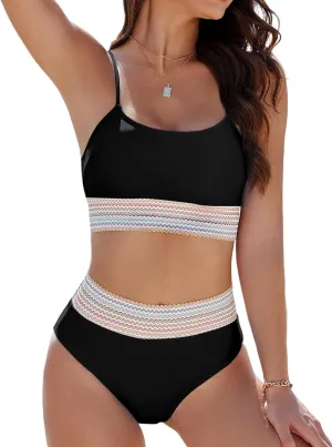 Buauty Bikini Sets for Womens Tummy Control Swimsuits High Waisted Two Piece Bathing Suits Color Block Spaghetti Straps 2025
