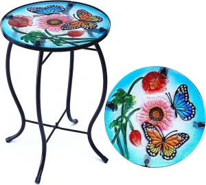 Butterfly Patio Side Table, Small Patio Outdoor Side Table, Plant Table,Metal Glass End Table for Porch Garden Yard Pool.