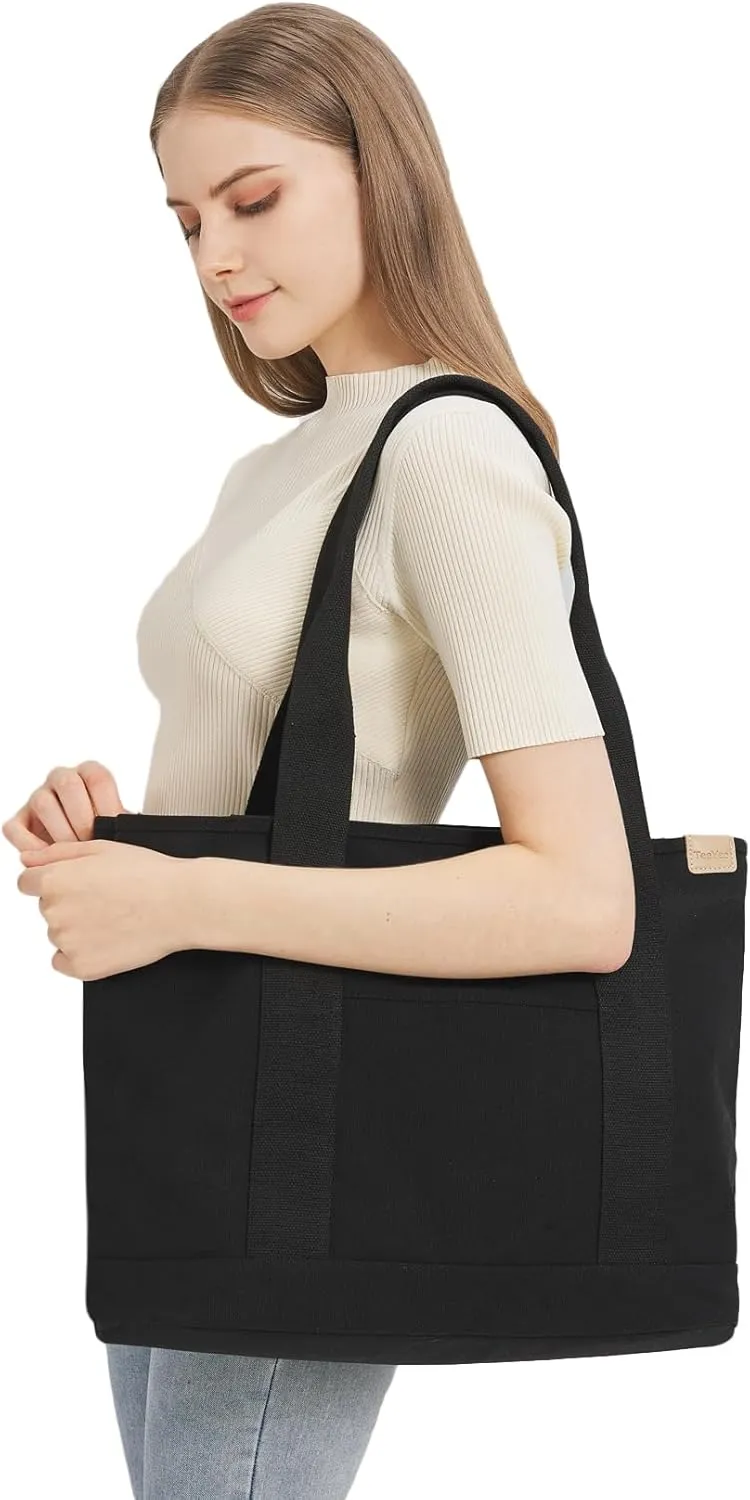 Canvas Tote Bag Casual Multi pockets Handbags Large Capacity Shopping Shoulder Bag with Pocket Bags Work Purses