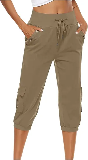 Capri Pants for Women High Waisted Cotton Linen Solid Color Trousers Elastic Sports Loose Flowy Pants with Pockets