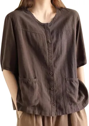 Casual Tops for Women 2025 Summer Batwing Half Sleeve Linen Shirts Plus Size Crewneck Blouse Solid Color Basic Top