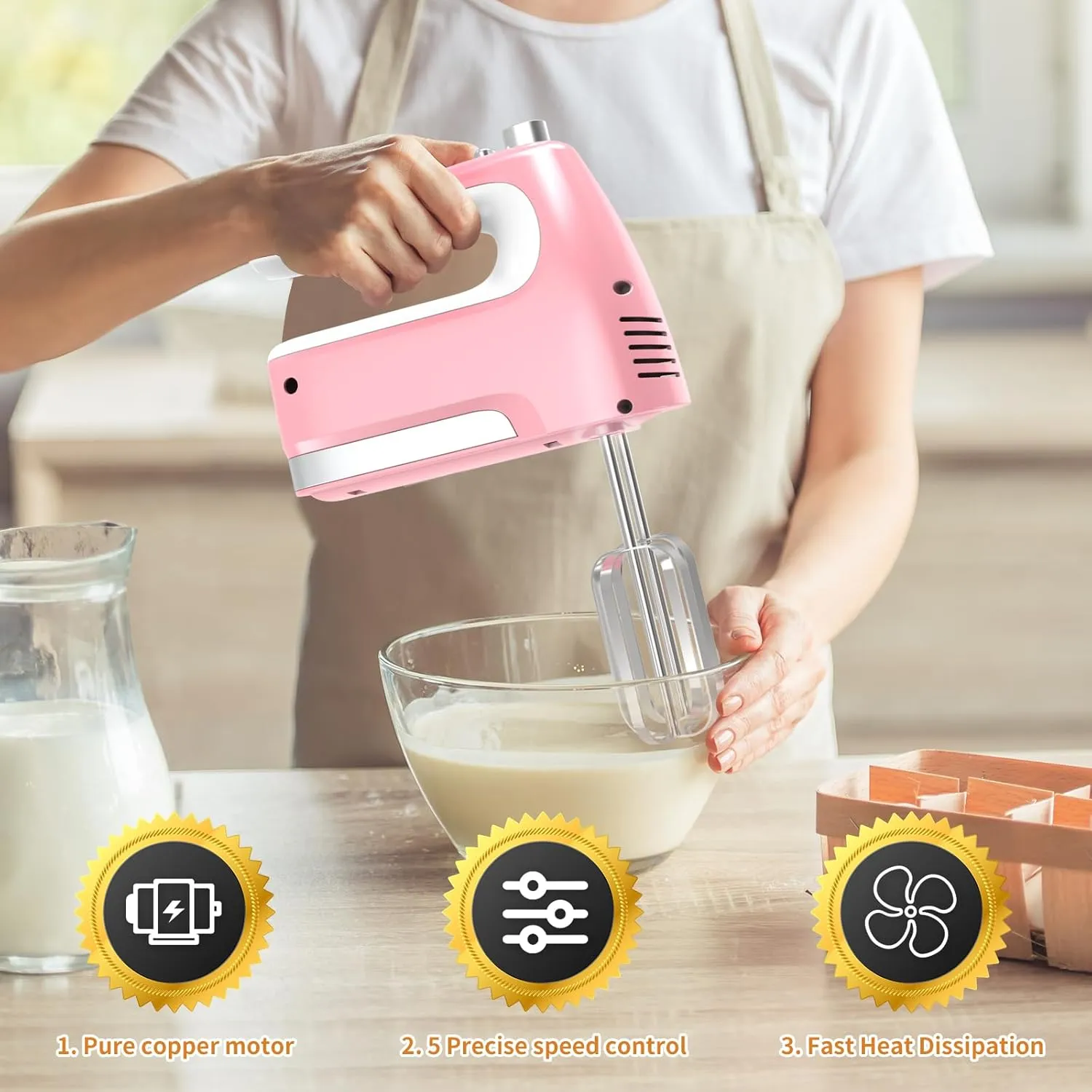 CBQ Hand Mixer Electric, 5-Speed 400W Powerful Motor, Hand Mixer Electric Handheld with Storage Case, Turbo Boost and 5x Accessories, Flat Beaters, Dough Hooks, Whisk (Pink)