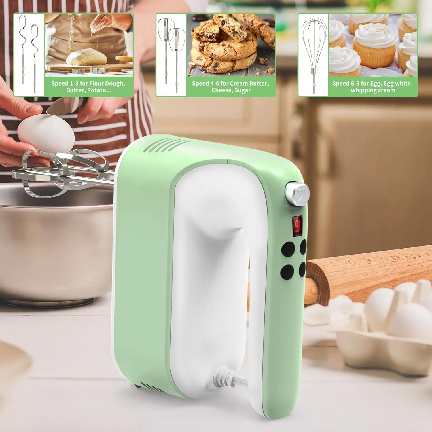 CBQ Hand Mixer Electric, 9 Speed 400W Handheld Mixer with Digital, Touch Button, Turbo, Snop-On Storage Case, 5 Stainless Steel Accessories, Mixer Electric Handheld for Cake, Cookie, Egg (Grass Green)