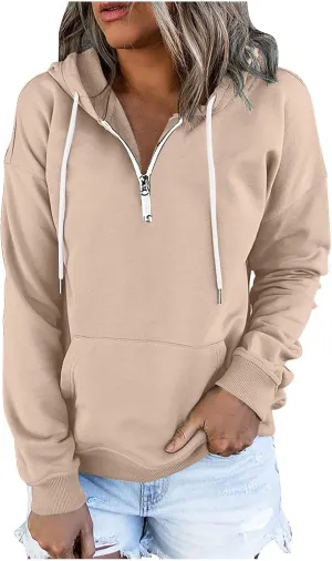 Ceboyel Women Quarter Zip Pullover Sweatshirt Solid Color Hoodies Drawstring Long Sleeve Pullover Tops Fall Clothing 2023
