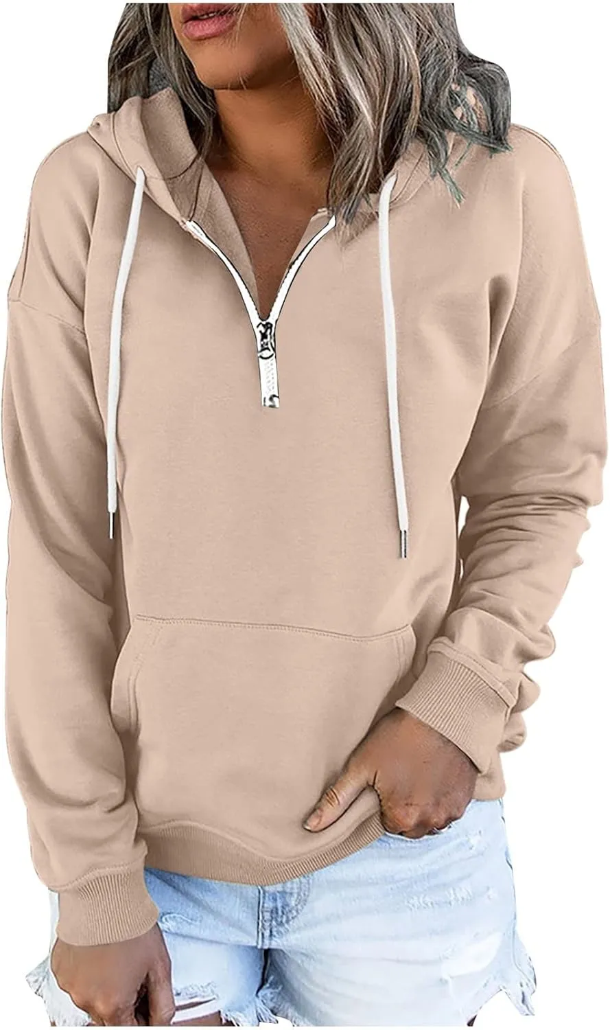 Ceboyel Women Quarter Zip Pullover Sweatshirt Solid Color Hoodies Drawstring Long Sleeve Pullover Tops Fall Clothing 2023