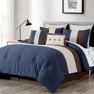 Chezmoi Collection Loft 8-Piece Queen Comforter Set, Midnight Blue/Brown/Coffee Cream Luxury Striped Bedding for All Season